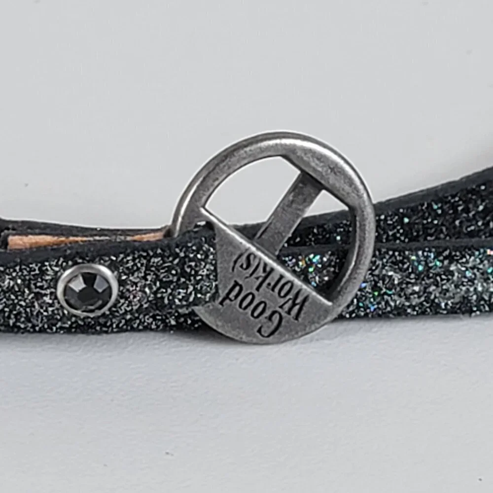 Good Works Black Glitter Leather Strap Wrap Bracelet 35 In Buckle Clasp